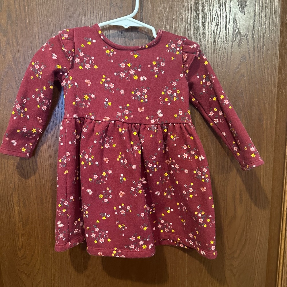Carters Baby Girls 18m Burgundy Floral Long Sleeve Dress Ruffle Shoulder‎